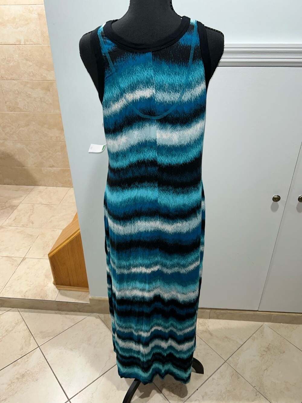 Karen Kane Cross Creek II High Neck Dress Size L Blue Striped Maxi